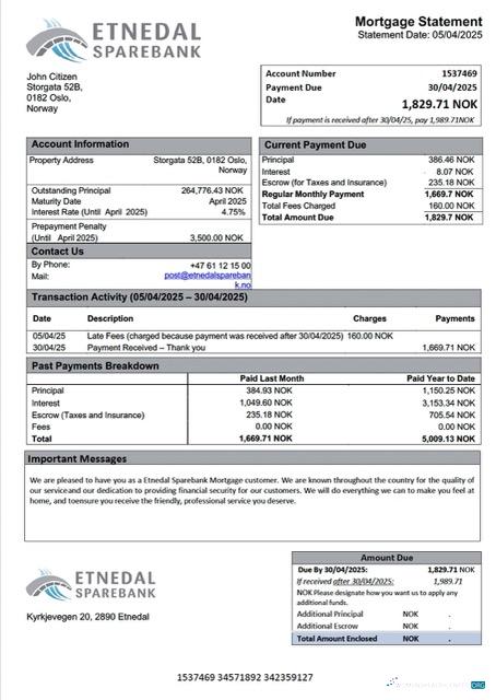 Download Norway Etnedal Sparebank mortgage statement Word and PDF template Photoshop template